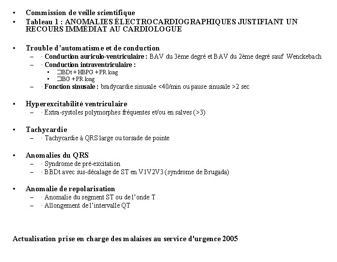  • • Commission de veille scientifique Tableau 1 : ANOMALIES ÉLECTROCARDIOGRAPHIQUES JUSTIFIANT UN