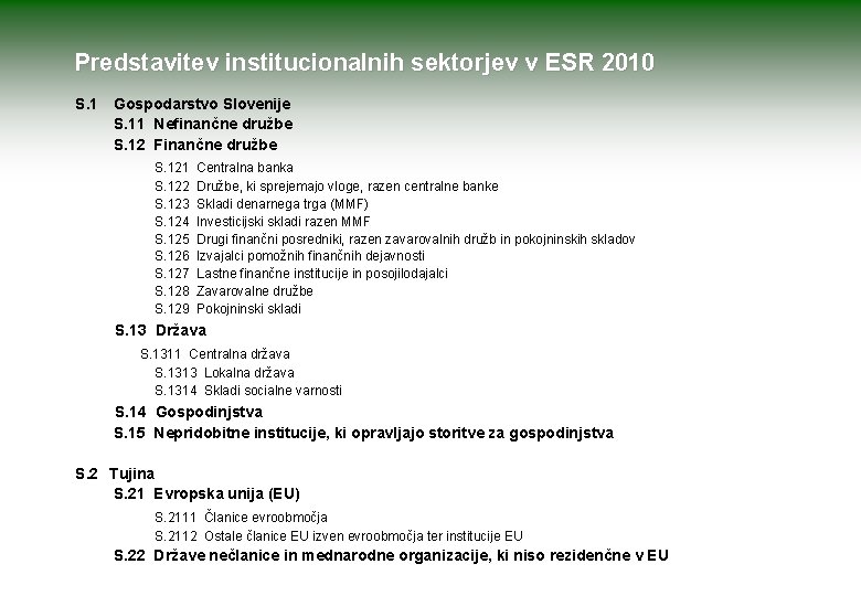 Predstavitev institucionalnih sektorjev v ESR 2010 S. 1 Gospodarstvo Slovenije S. 11 Nefinančne družbe