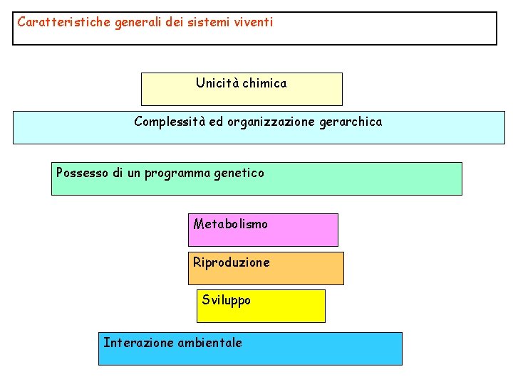 Caratteristiche generali dei sistemi viventi Unicità chimica Complessità ed organizzazione gerarchica Possesso di un