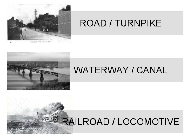 ROAD / TURNPIKE WATERWAY / CANAL RAILROAD / LOCOMOTIVE 