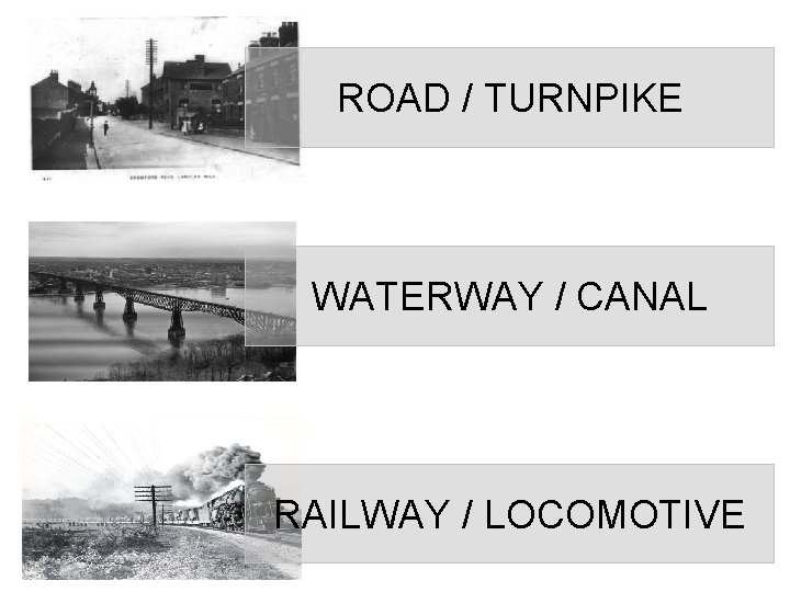 ROAD / TURNPIKE WATERWAY / CANAL RAILWAY / LOCOMOTIVE 