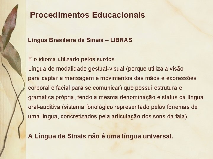 Procedimentos Educacionais Língua Brasileira de Sinais – LIBRAS É o idioma utilizado pelos surdos.