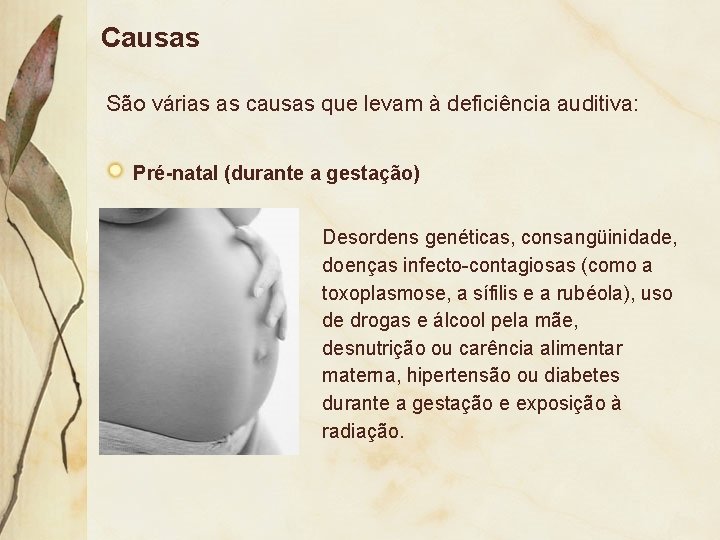 Causas São várias as causas que levam à deficiência auditiva: Pré-natal (durante a gestação)