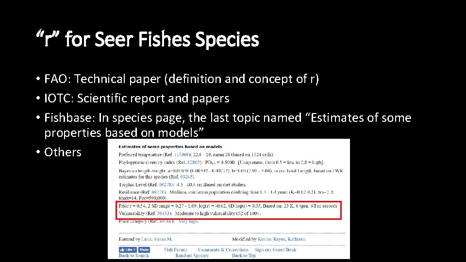 “r” for Seer Fishes Species • FAO: Technical paper (definition and concept of r)