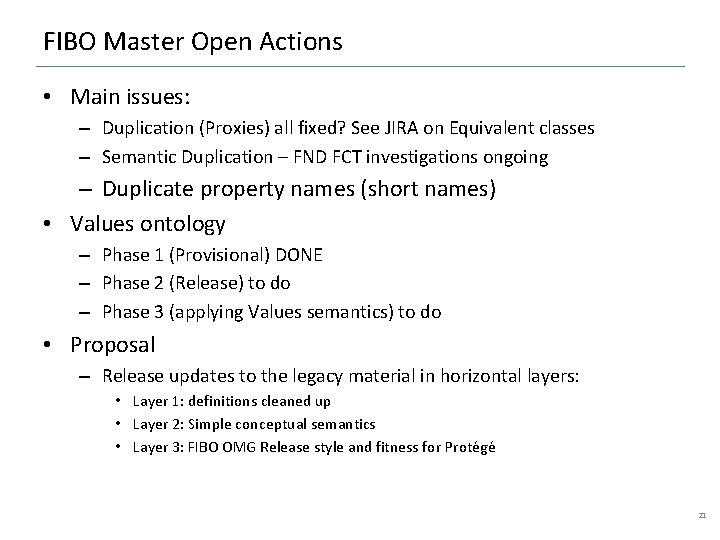 FIBO Master Open Actions • Main issues: – Duplication (Proxies) all fixed? See JIRA