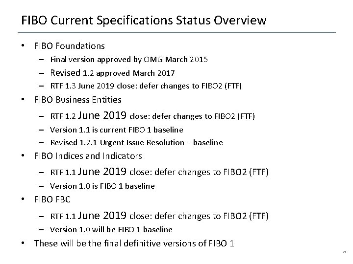 FIBO Current Specifications Status Overview • FIBO Foundations – Final version approved by OMG