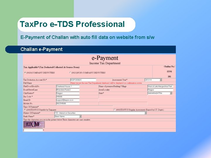 Tax. Pro e-TDS Professional E-Payment of Challan with auto fill data on website from