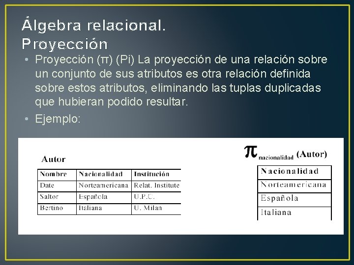 Álgebra relacional. Proyección • Proyección (π) (Pi) La proyección de una relación sobre un