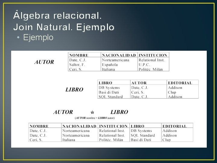 Álgebra relacional. Join Natural. Ejemplo • Ejemplo 