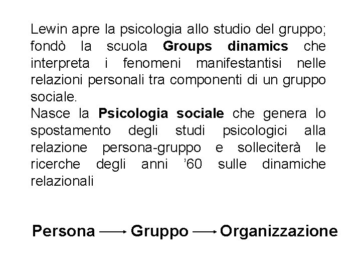 Lewin apre la psicologia allo studio del gruppo; fondò la scuola Groups dinamics che