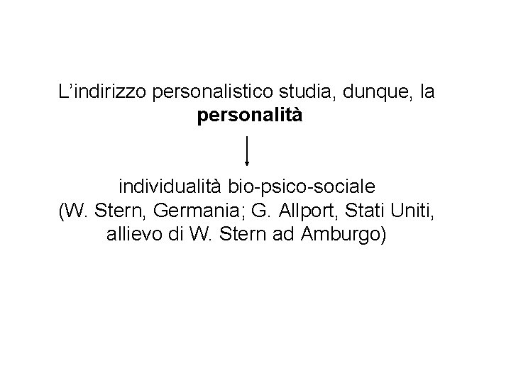 L’indirizzo personalistico studia, dunque, la personalità individualità bio-psico-sociale (W. Stern, Germania; G. Allport, Stati