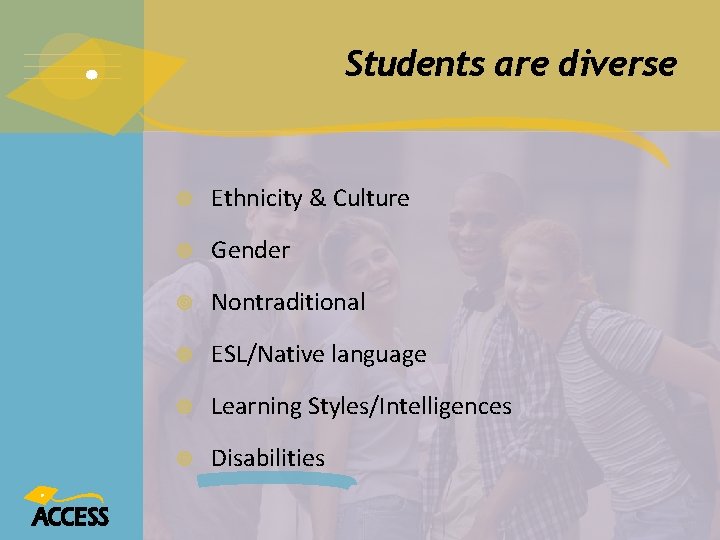 Students are diverse Ethnicity & Culture Gender Nontraditional ESL/Native language Learning Styles/Intelligences Disabilities 