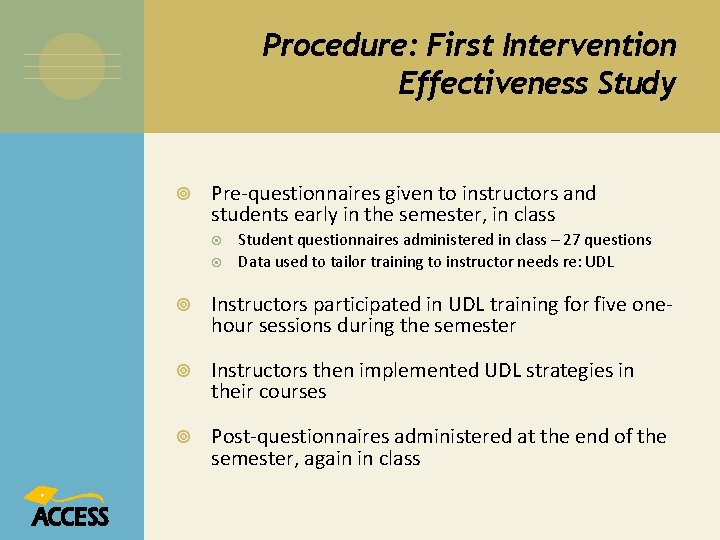 Procedure: First Intervention Effectiveness Study Pre-questionnaires given to instructors and students early in the