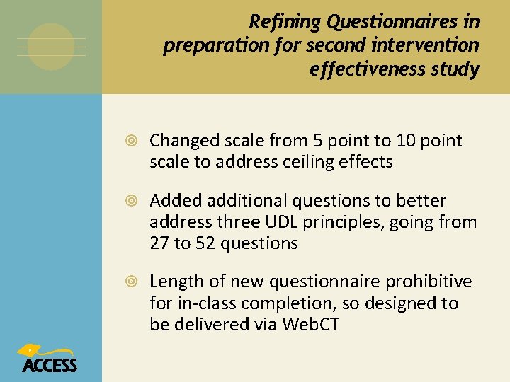 Refining Questionnaires in preparation for second intervention effectiveness study Changed scale from 5 point