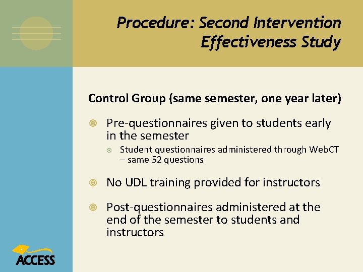 Procedure: Second Intervention Effectiveness Study Control Group (same semester, one year later) Pre-questionnaires given
