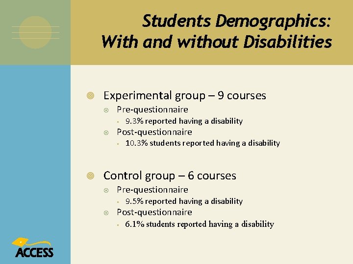 Students Demographics: With and without Disabilities Experimental group – 9 courses Pre-questionnaire § Post-questionnaire