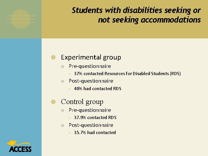 Students with disabilities seeking or not seeking accommodations Experimental group Pre-questionnaire § Post-questionnaire §