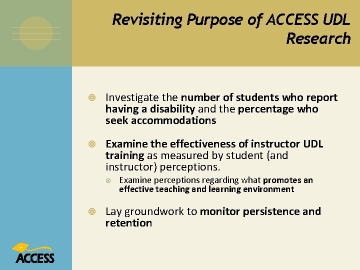 Revisiting Purpose of ACCESS UDL Research Investigate the number of students who report having