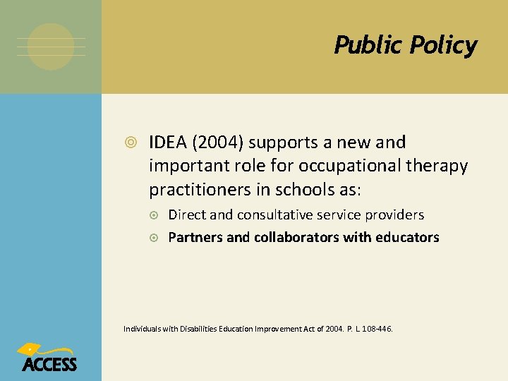 Public Policy IDEA (2004) supports a new and important role for occupational therapy practitioners