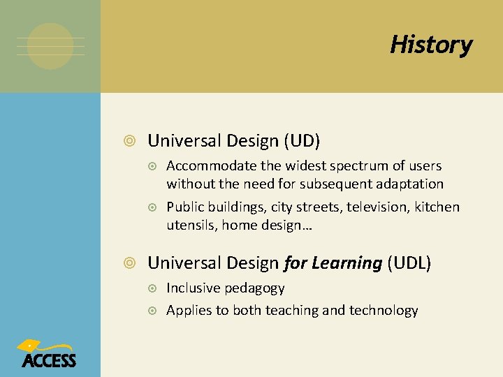 History Universal Design (UD) Accommodate the widest spectrum of users without the need for