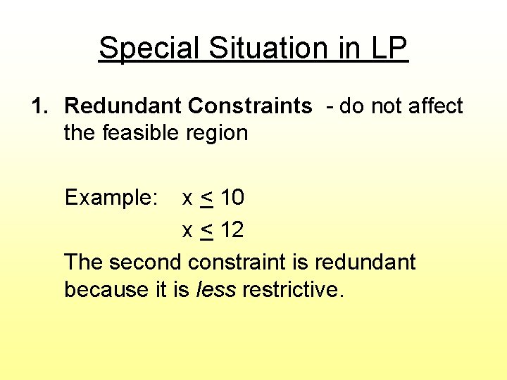 Special Situation in LP 1. Redundant Constraints - do not affect the feasible region