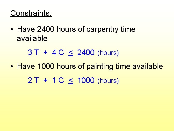 Constraints: • Have 2400 hours of carpentry time available 3 T + 4 C