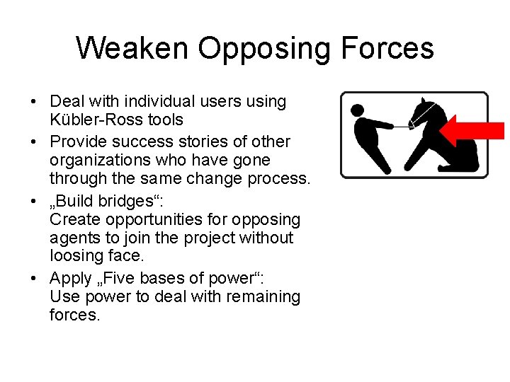 Weaken Opposing Forces • Deal with individual users using Kübler-Ross tools • Provide success