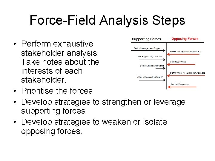 Force-Field Analysis Steps • Perform exhaustive stakeholder analysis. Take notes about the interests of