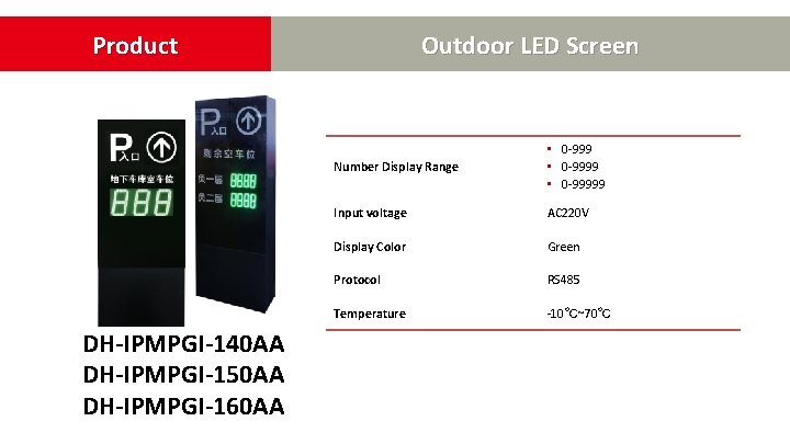 Product DH-IPMPGI-140 AA DH-IPMPGI-150 AA DH-IPMPGI-160 AA Outdoor LED Screen Number Display Range • Product DH-IPMPGI-140 AA DH-IPMPGI-150 AA DH-IPMPGI-160 AA Outdoor LED Screen Number Display Range •