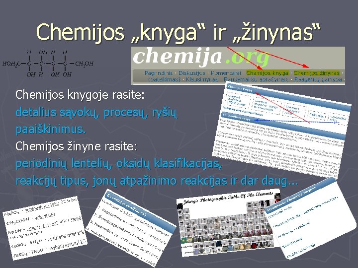 Chemijos „knyga“ ir „žinynas“ Chemijos knygoje rasite: detalius sąvokų, procesų, ryšių paaiškinimus. Chemijos žinyne