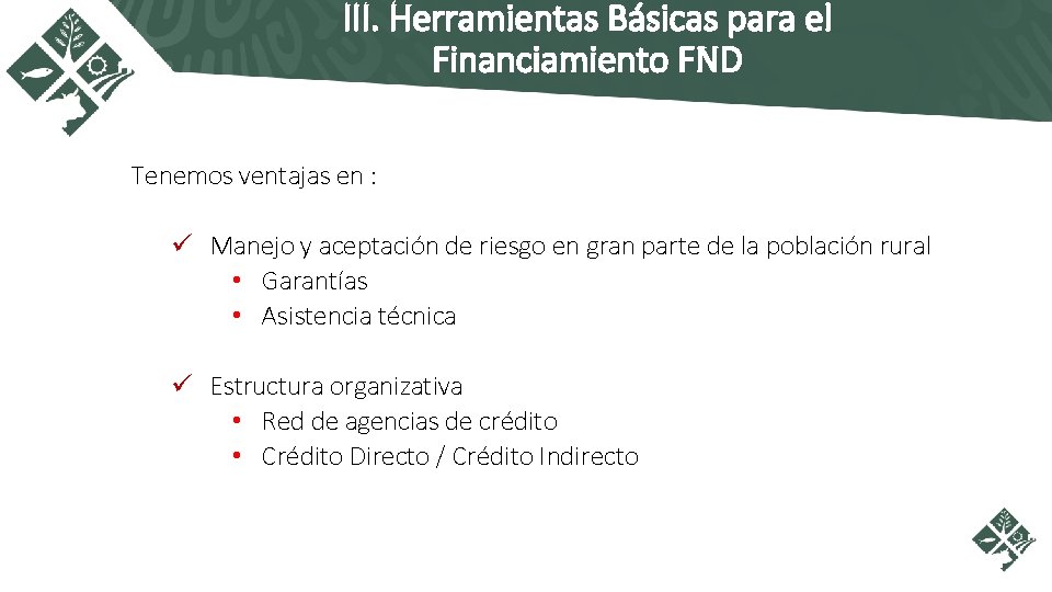 III. Herramientas Básicas para el Financiamiento FND Tenemos ventajas en : ü Manejo y