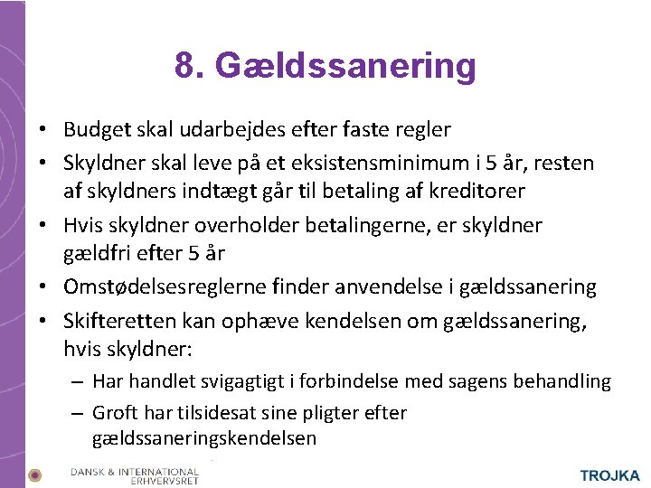 8. Gældssanering • Budget skal udarbejdes efter faste regler • Skyldner skal leve på