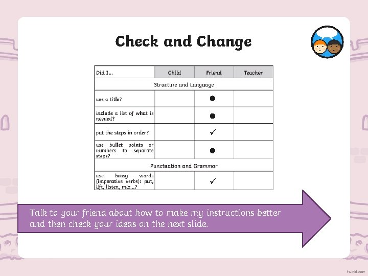 Check and Change Talk to your friend about how to make my instructions better