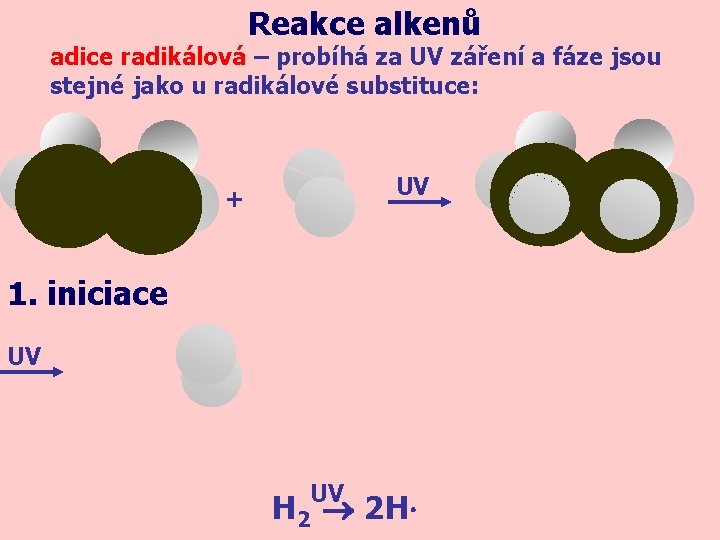 Reakce alkenů adice radikálová – probíhá za UV záření a fáze jsou stejné jako