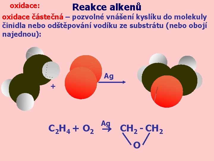 Reakce alkenů oxidace: oxidace částečná – pozvolné vnášení kyslíku do molekuly činidla nebo odštěpování