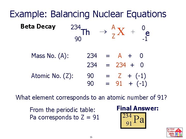 Example: Balancing Nuclear Equations Beta Decay 234 Th 90 A ? Z X +