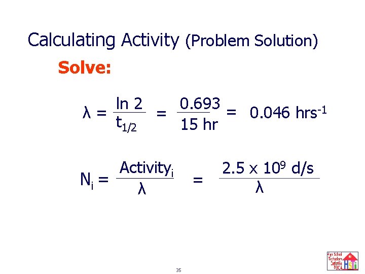 Calculating Activity (Problem Solution) Solve: 0. 693 = ln 2 0. 046 hrs-1 λ=