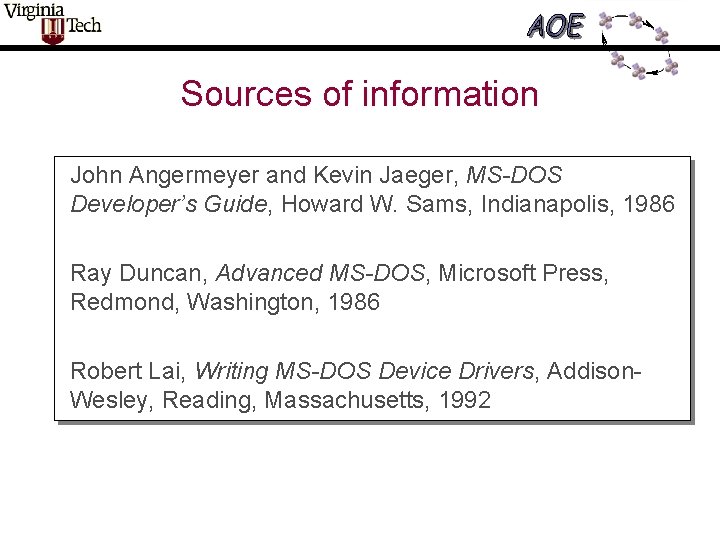 Sources of information John Angermeyer and Kevin Jaeger, MS-DOS Developer’s Guide, Howard W. Sams,