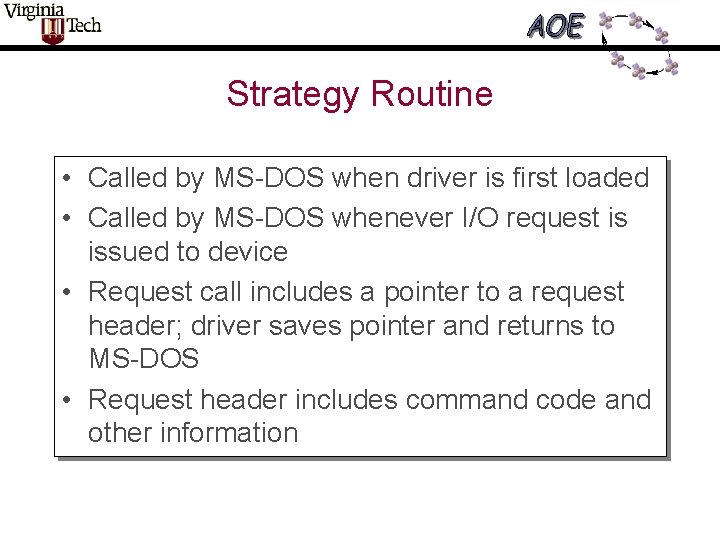 Strategy Routine • Called by MS-DOS when driver is first loaded • Called by