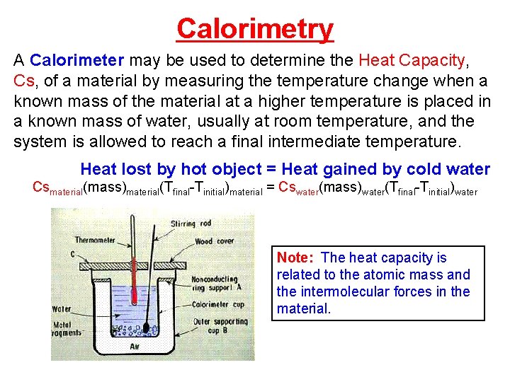 Calorimetry A Calorimeter may be used to determine the Heat Capacity, Cs, of a