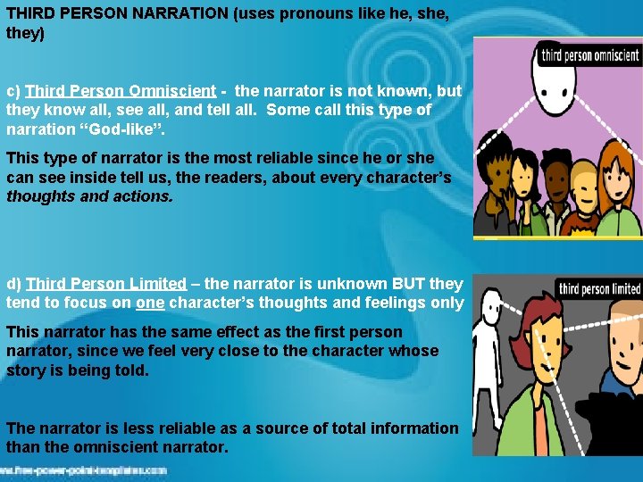 THIRD PERSON NARRATION (uses pronouns like he, she, they) c) Third Person Omniscient - THIRD PERSON NARRATION (uses pronouns like he, she, they) c) Third Person Omniscient -