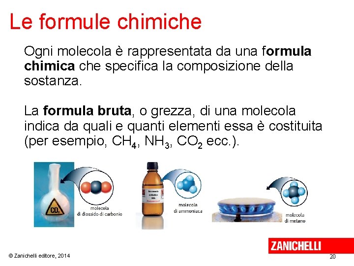 Le formule chimiche Ogni molecola è rappresentata da una formula chimica che specifica la