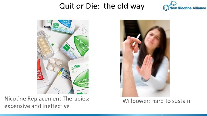Quit or Die: the old way Nicotine Replacement Therapies: expensive and ineffective Willpower: hard