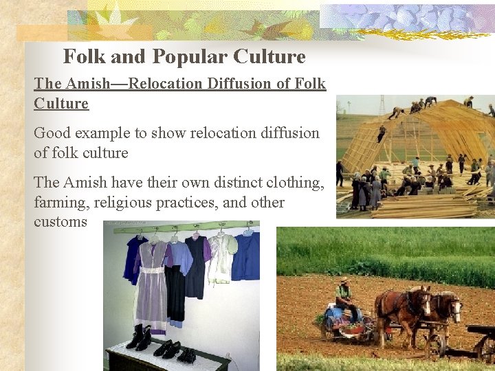 Folk and Popular Culture The Amish—Relocation Diffusion of Folk Culture Good example to show