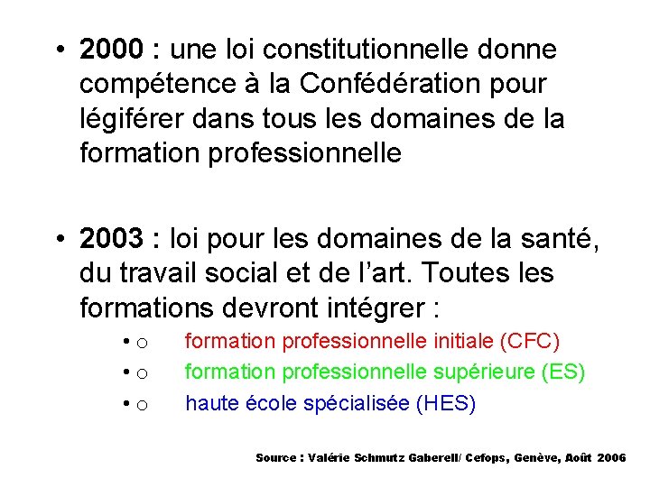  • 2000 : une loi constitutionnelle donne compétence à la Confédération pour légiférer