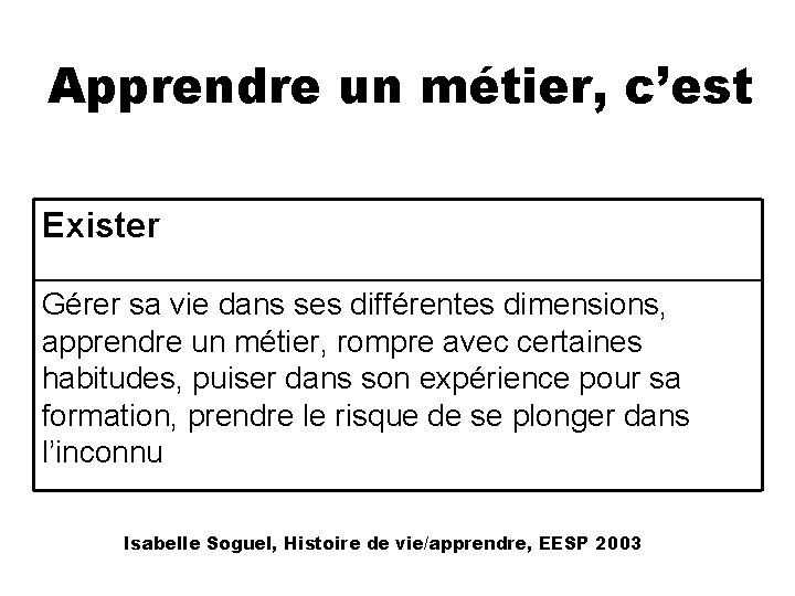 Apprendre un métier, c’est Exister Gérer sa vie dans ses différentes dimensions, apprendre un