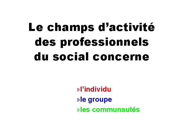 Le champs d’activité des professionnels du social concerne » l’individu » le groupe »