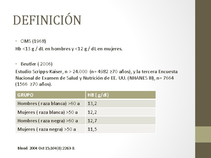 DEFINICIÓN • OMS (1968) Hb <13 g / d. L en hombres y <12 DEFINICIÓN • OMS (1968) Hb <13 g / d. L en hombres y <12