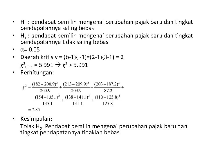  • H 0 : pendapat pemilih mengenai perubahan pajak baru dan tingkat pendapatannya