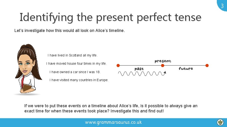 3 Identifying the present perfect tense Let’s investigate how this would all look on